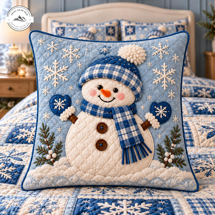 Festive Blue Snowman Quilted Pillow Cover TP196QLTPLC