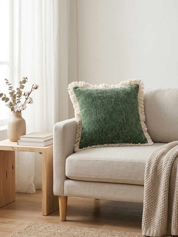 Sage Green Chenille Fringe Throw Pillow Cover