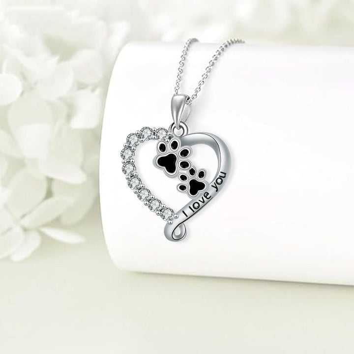 Heart & Paw Pendant Necklace in Black Silver