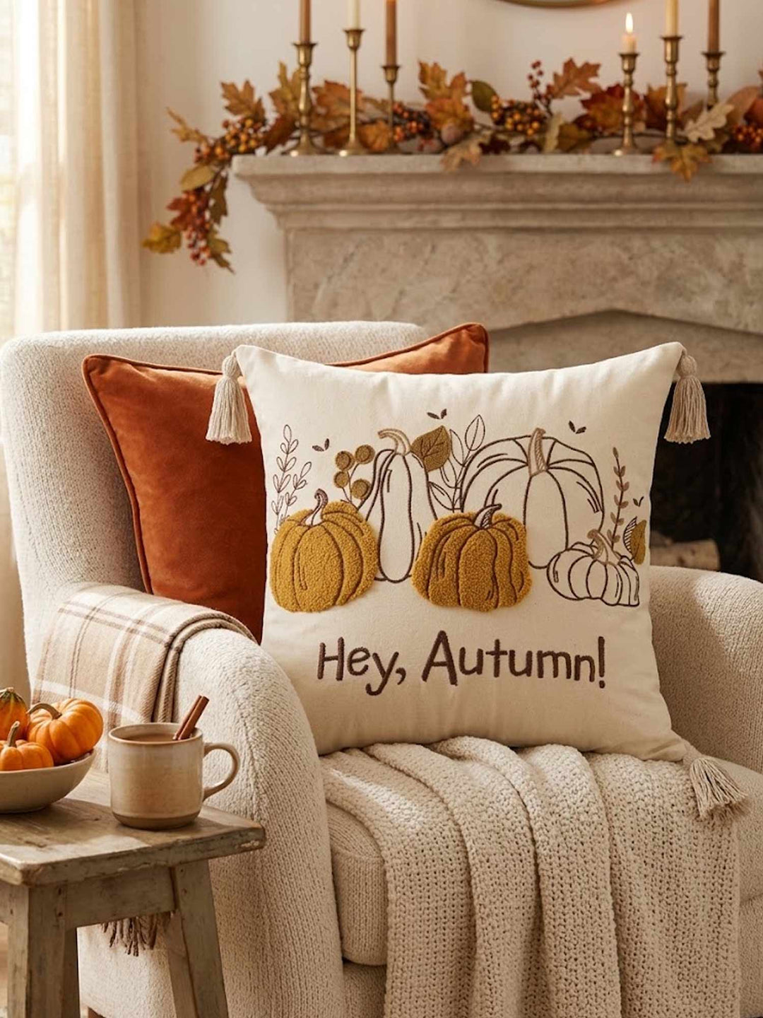 Hey, Autumn! Pumpkin Tassel Throw Pillow Cover