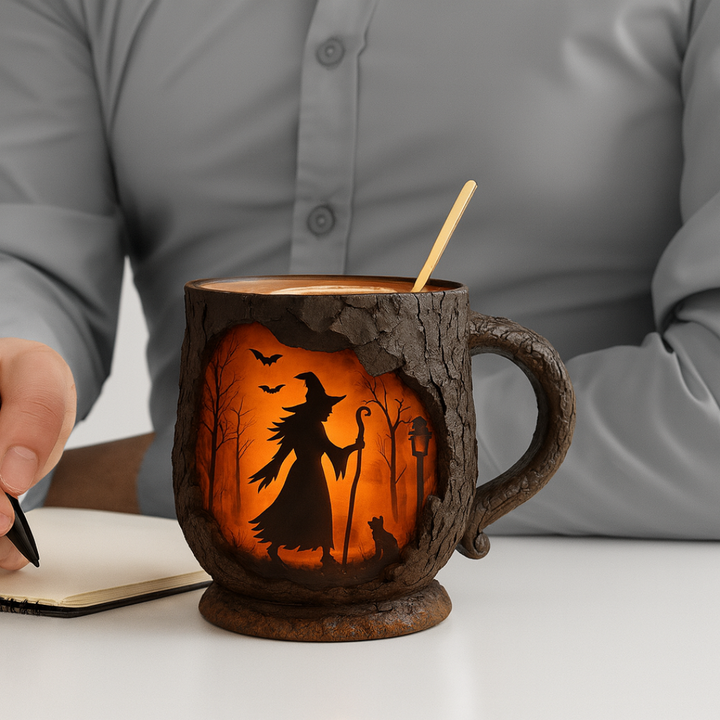 Handmade Embossed Halloween Mug – Witch and Cat Design