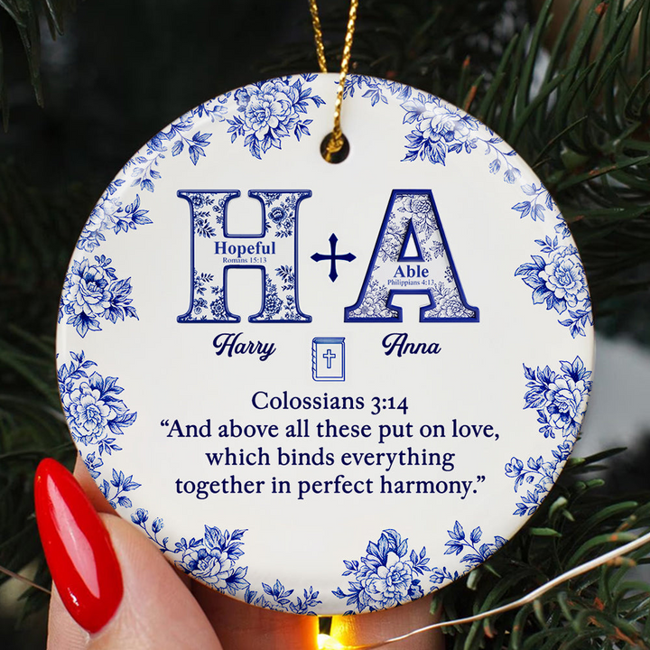 Toile de Jouy Faith & Love Christmas - Personalized Ceramic Ornament - Gifts For Couple TD118