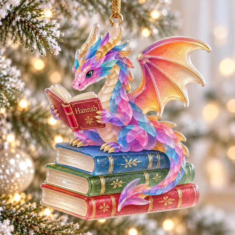 Book Dragon Christmas Gift For Book Lovers - Personalized Glass Ornament