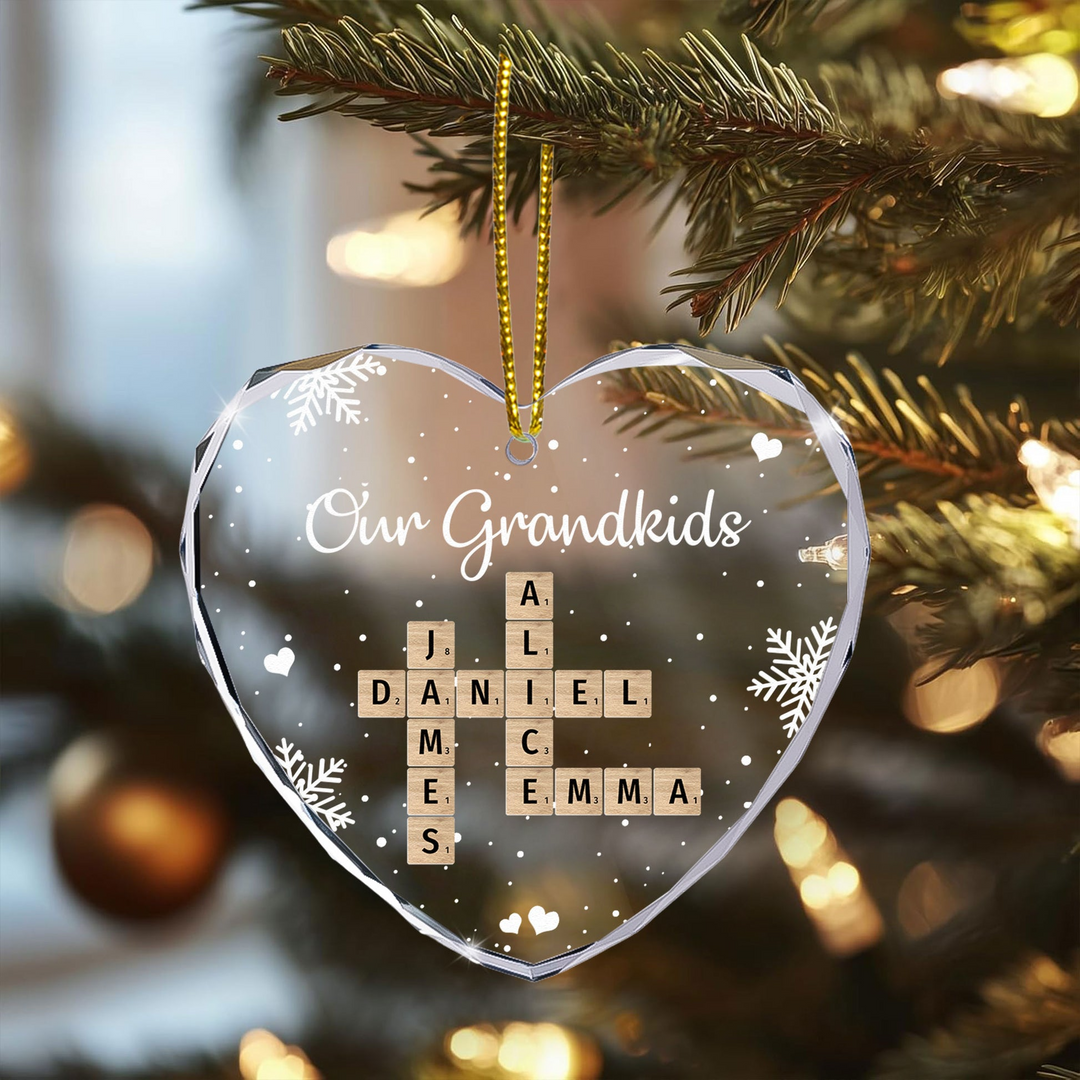 Our Grandkids Scrabble - Personalized Heart Glass Ornament TD118