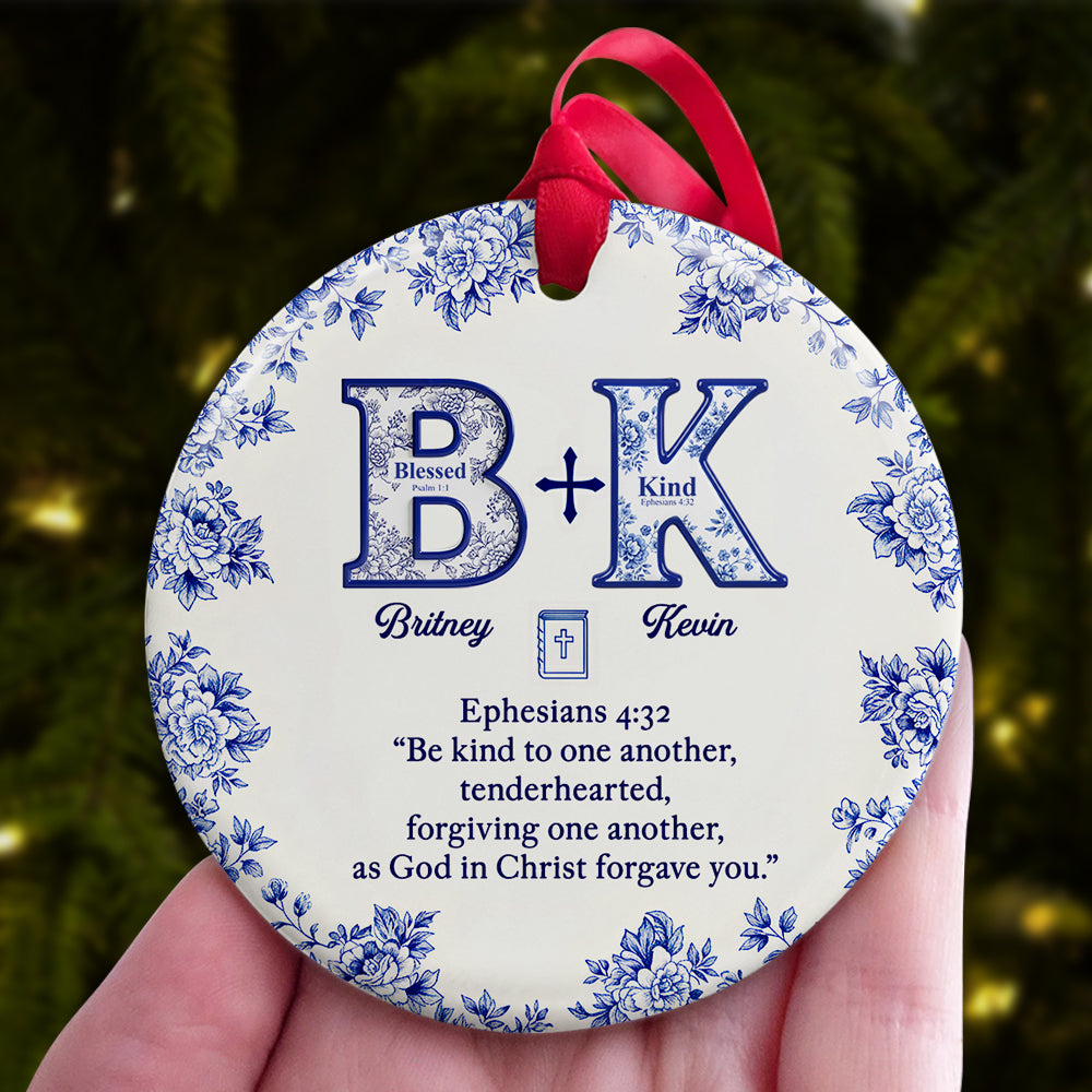 Toile de Jouy Faith & Love Christmas - Personalized Ceramic Ornament - Gifts For Couple TD118