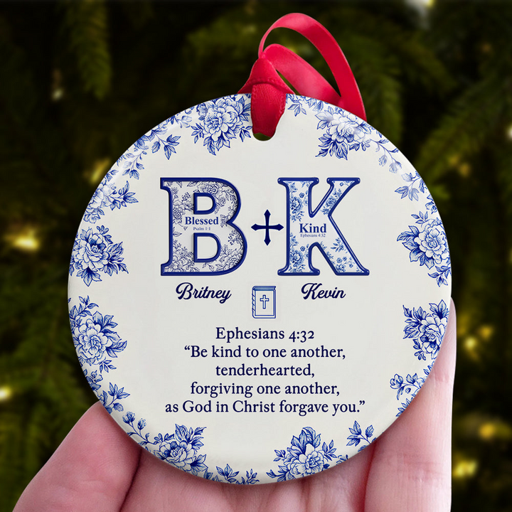 Toile de Jouy Faith & Love Christmas - Personalized Ceramic Ornament - Gifts For Couple TD118