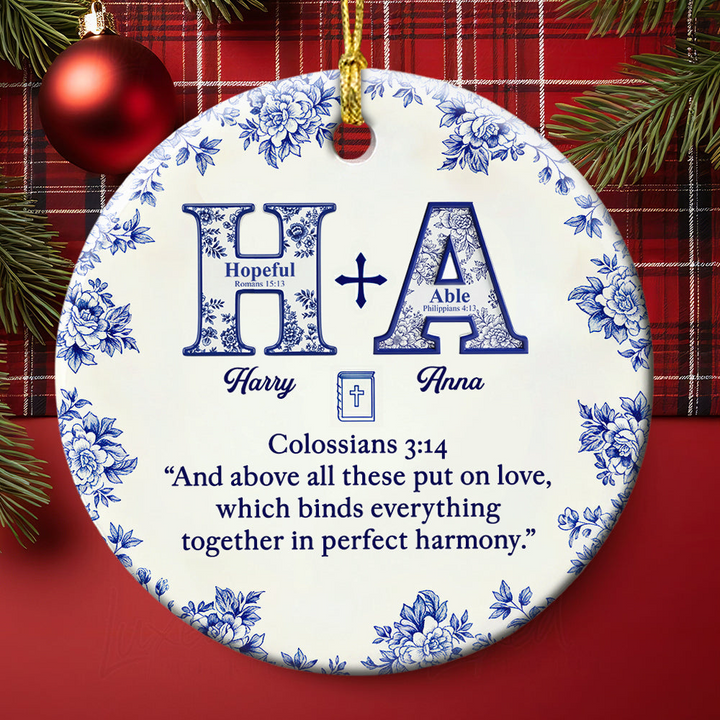 Toile de Jouy Faith & Love Christmas - Personalized Ceramic Ornament - Gifts For Couple TD118