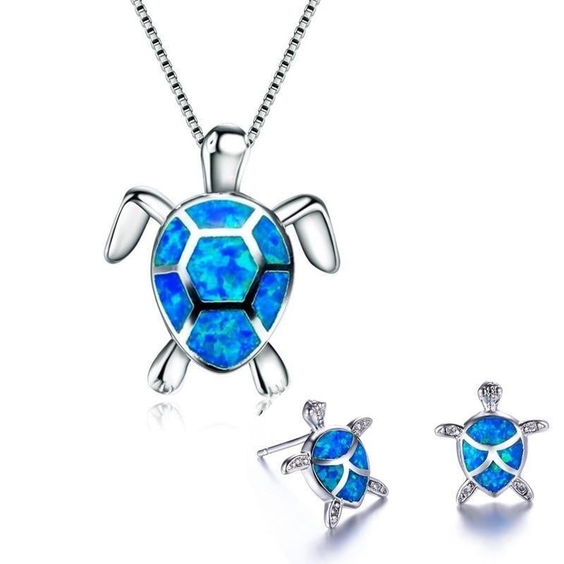 Sea Turtle Set – Silver Necklace & Earrings with Opal