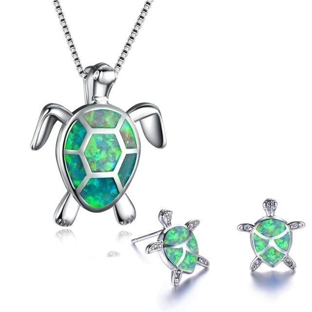 Sea Turtle Set – Silver Necklace & Earrings with Opal