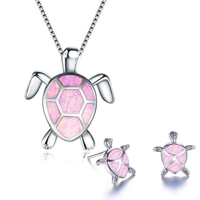 Sea Turtle Set – Silver Necklace & Earrings with Opal