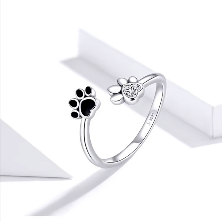 Sterling Silver Paw Ring – Adjustable with Zirconia and Enamel