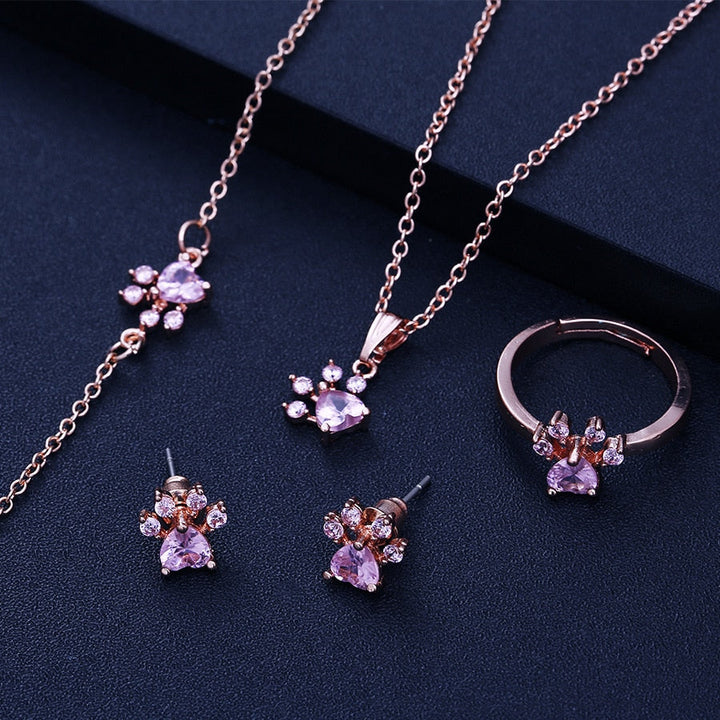 4-Piece Paw Jewellery Set for Women – Rose Gold with Zirconia Heart